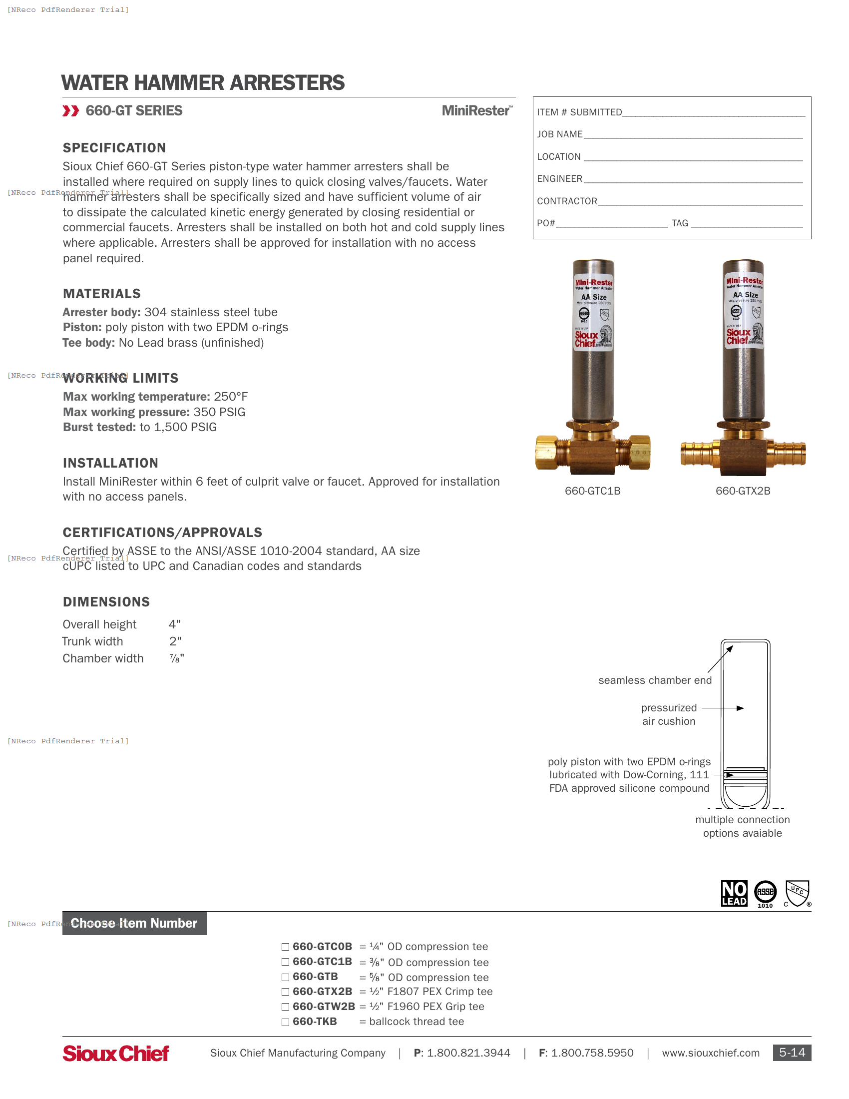 660-GT SERIES - MINIRESTER WATER HAMMER ARRESTER - SPEC SHEET.PDF Specification Document